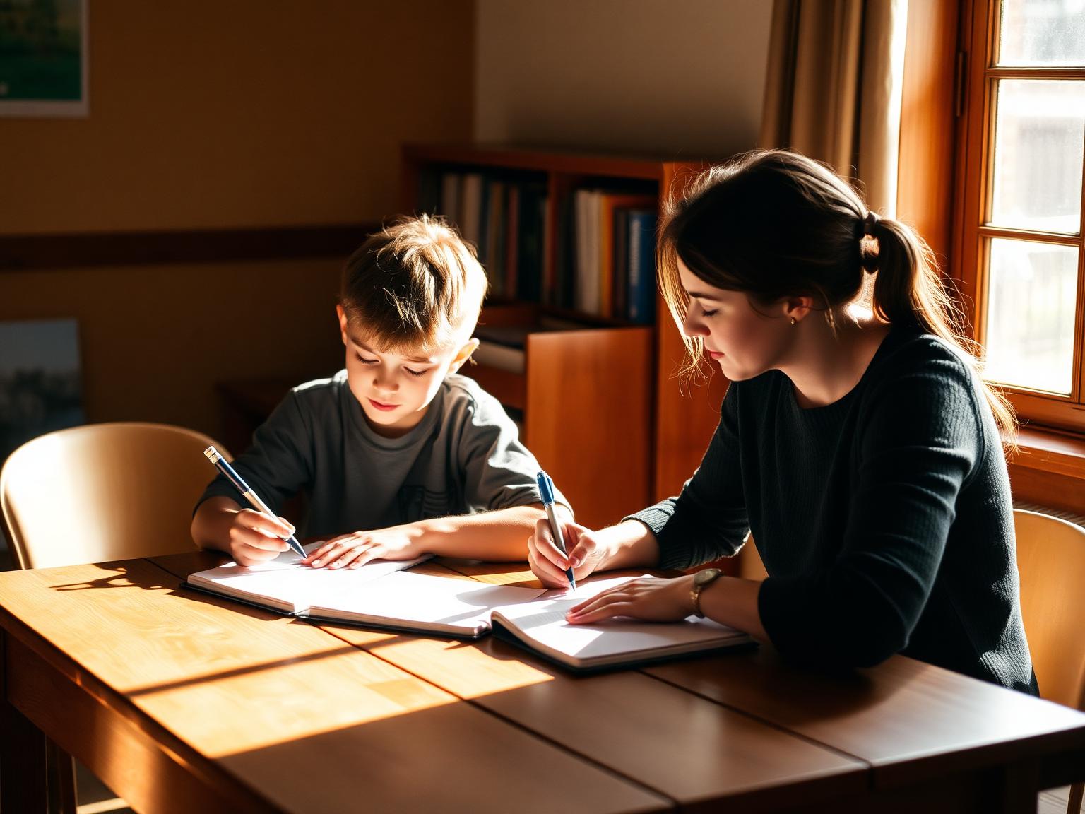 A peer tutor helping a student at a sunlit desk