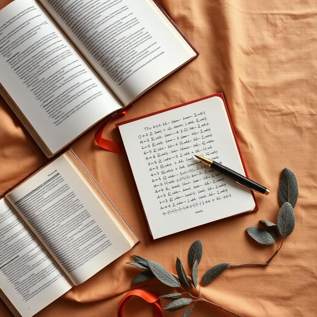 Open textbooks, handwritten notes, and a fountain pen